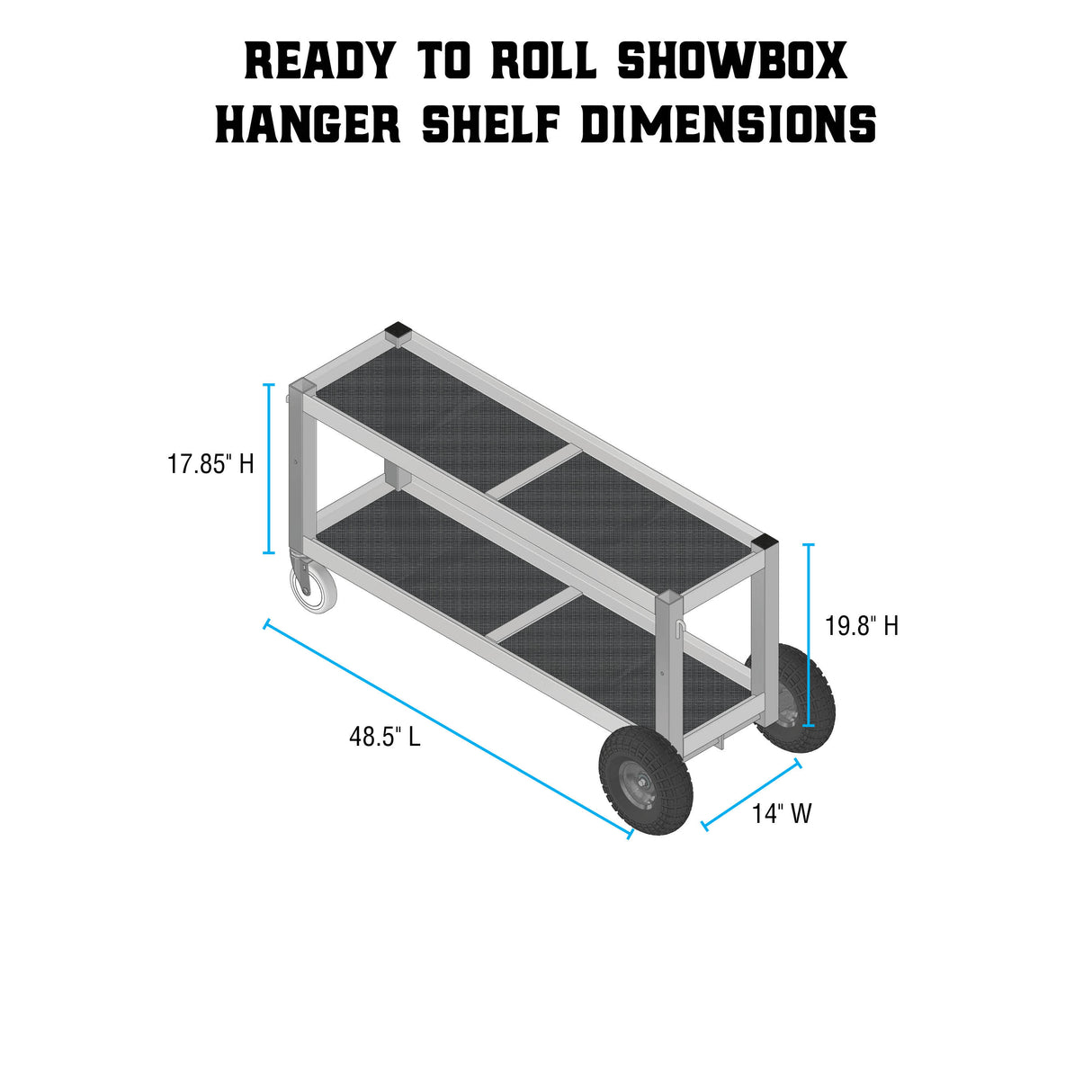 Ready-to-Roll Showbox Hanger, shelf dimensions