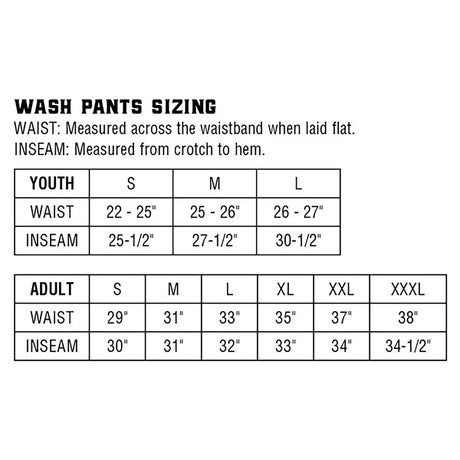 Wash Pants size chart